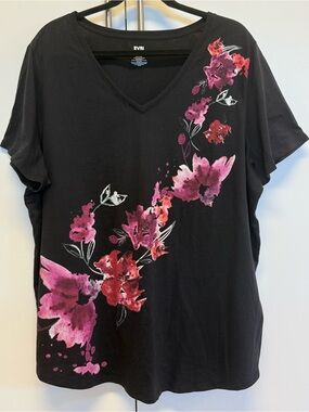 EVRI 2X Black Floral V-Neck Top Pink Short Sleeve Plus Size Blouse